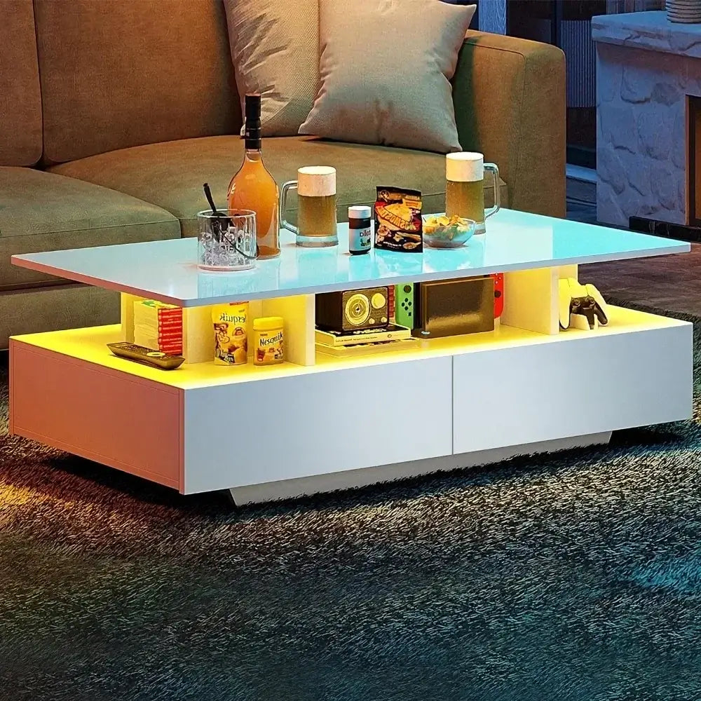 High Gloss LED Coffee Table with Storage for Living Room