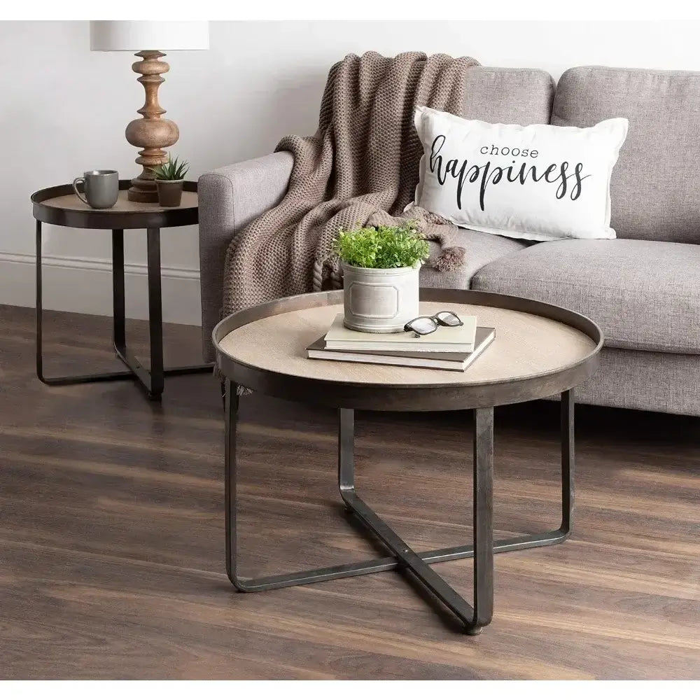 Modern Farmhouse Round Coffee Table with Black Wrought-Iron Criss Cross Base