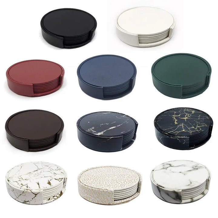 Elegant Marble Coasters Set - 6-Piece Leather Mats