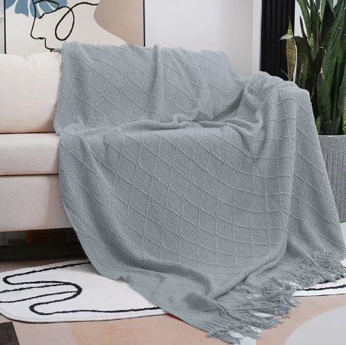 Nordic Knitted Shawl with Tassels - Sofa Throw Blanket