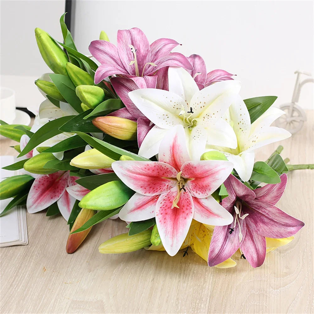 Artificial Lily Flowers - Two Flowers One Bud Branch