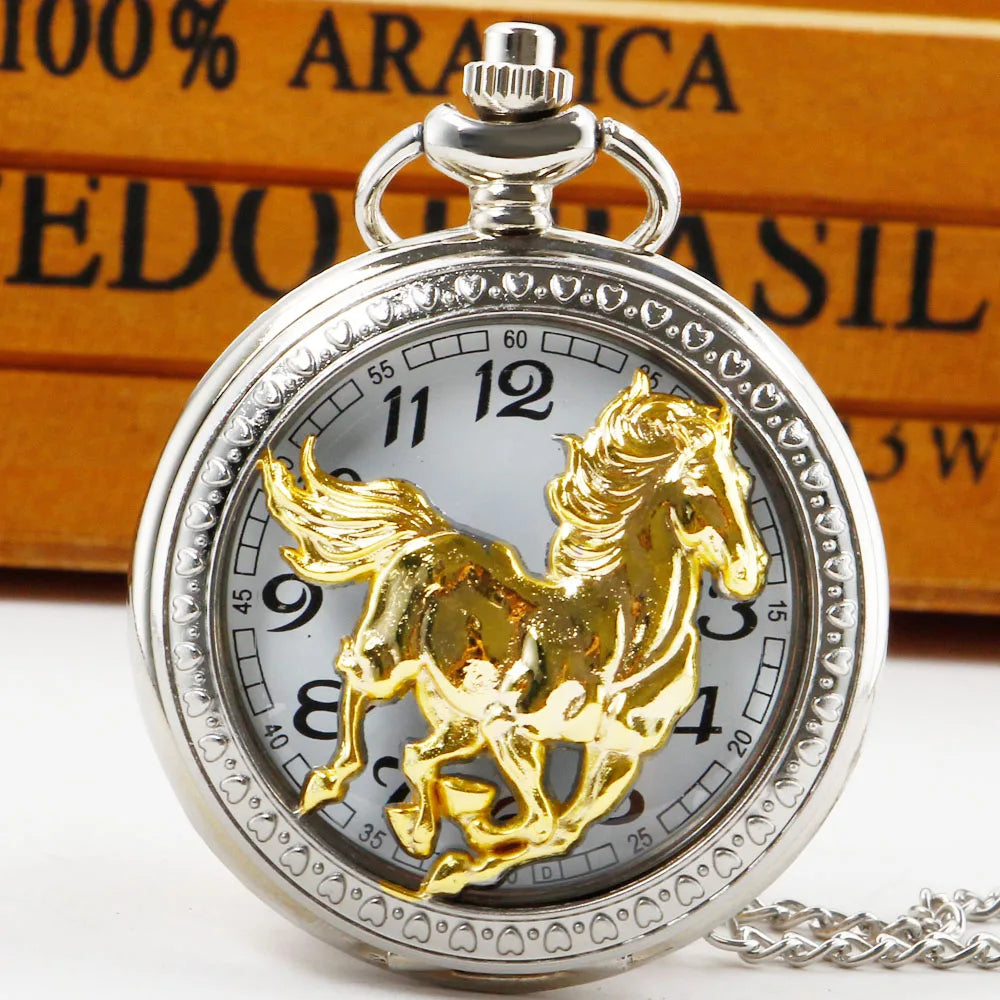 Gold Horse Pocket Watch - White Dial with Arabic Numerals