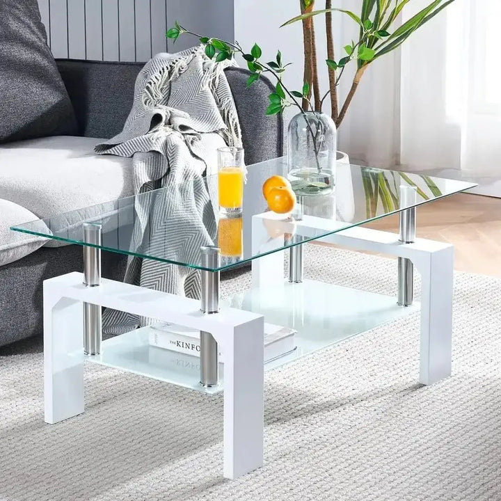 Glass Coffee Table with Wooden Legs