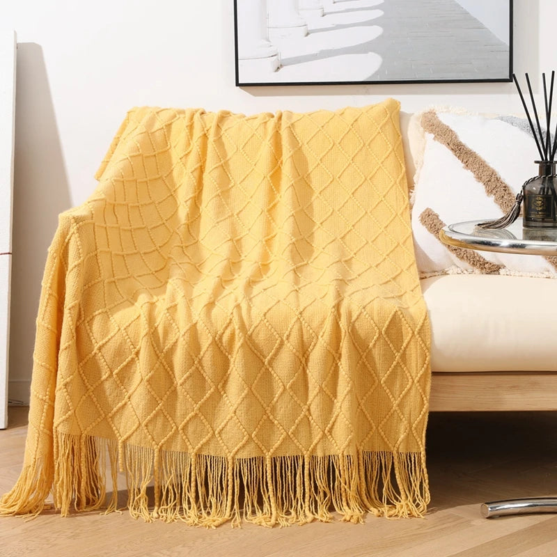 Nordic Knitted Waffle Blanket - Solid Color Sofa Bed Throw