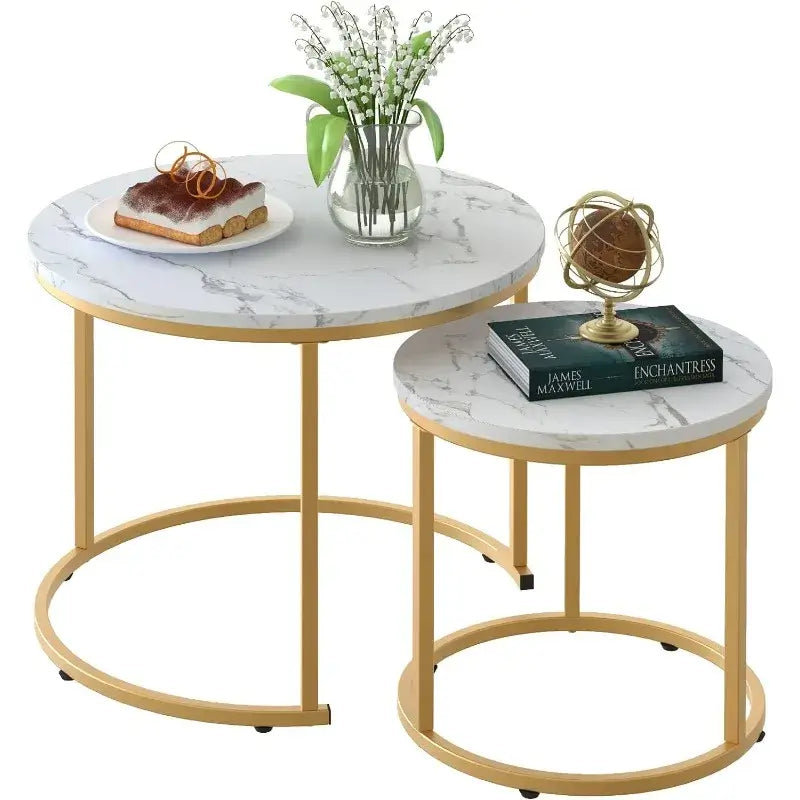 Coffee Table, Nesting White Set of 2 with Golden Frame