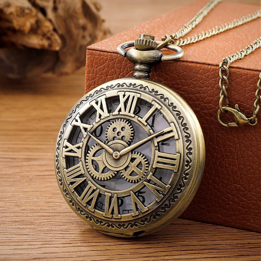 Antique Steampunk Quartz Pocket Watch - Vintage Bronze Case