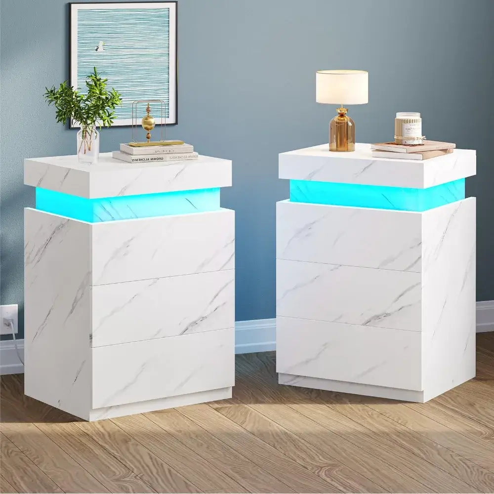 Set of 2 LED Nightstands w/ Charging Station and Sliding Top