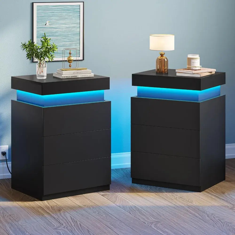 Set of 2 LED Nightstands w/ Charging Station and Sliding Top