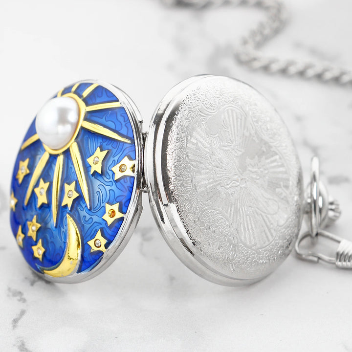 Blue Starry Sky Quartz Pocket Watch - Silver Moon and Sun