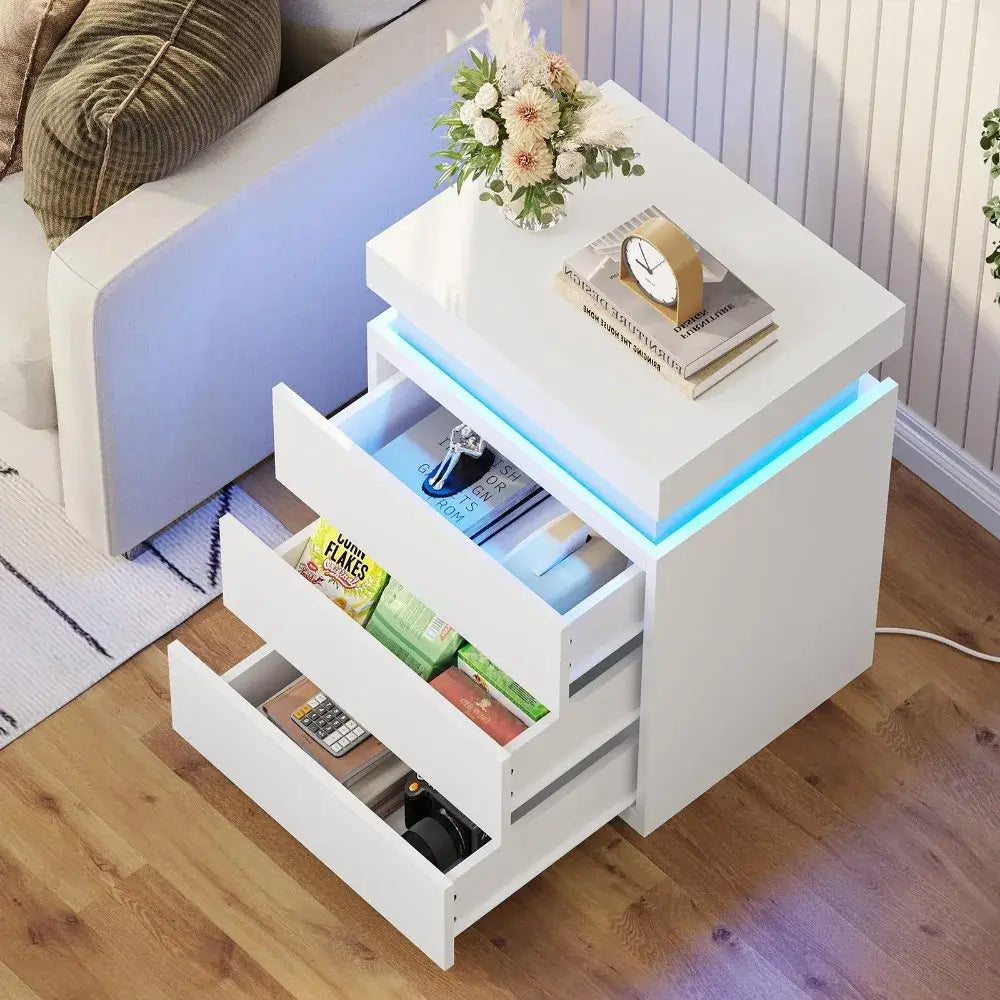 Set of 2 LED Nightstands w/ Charging Station and Sliding Top