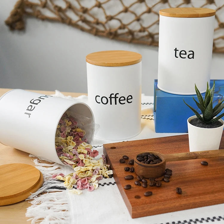 Set of 3 Round 22oz Tea, Sugar & Coffee Jars with Bamboo Lid