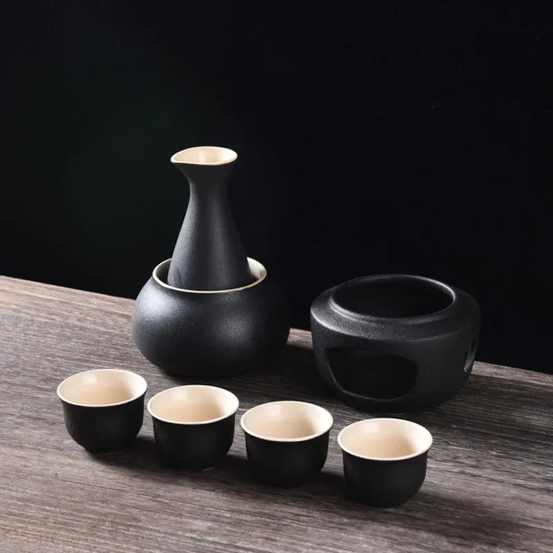 Sake Set with Warmer: 1 Sake Bottle, 4 Cups, Heating Stove