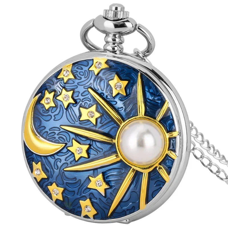 Silver Pocket Watch with Pearl Inlay - Star and Moon Design