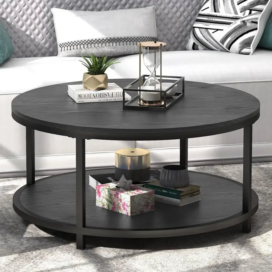 Round Coffee Table with Storage Shelf and Sturdy Metal Legs