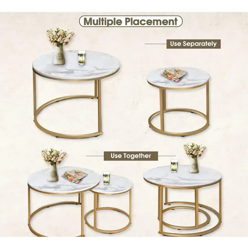 Coffee Table, Nesting White Set of 2 with Golden Frame