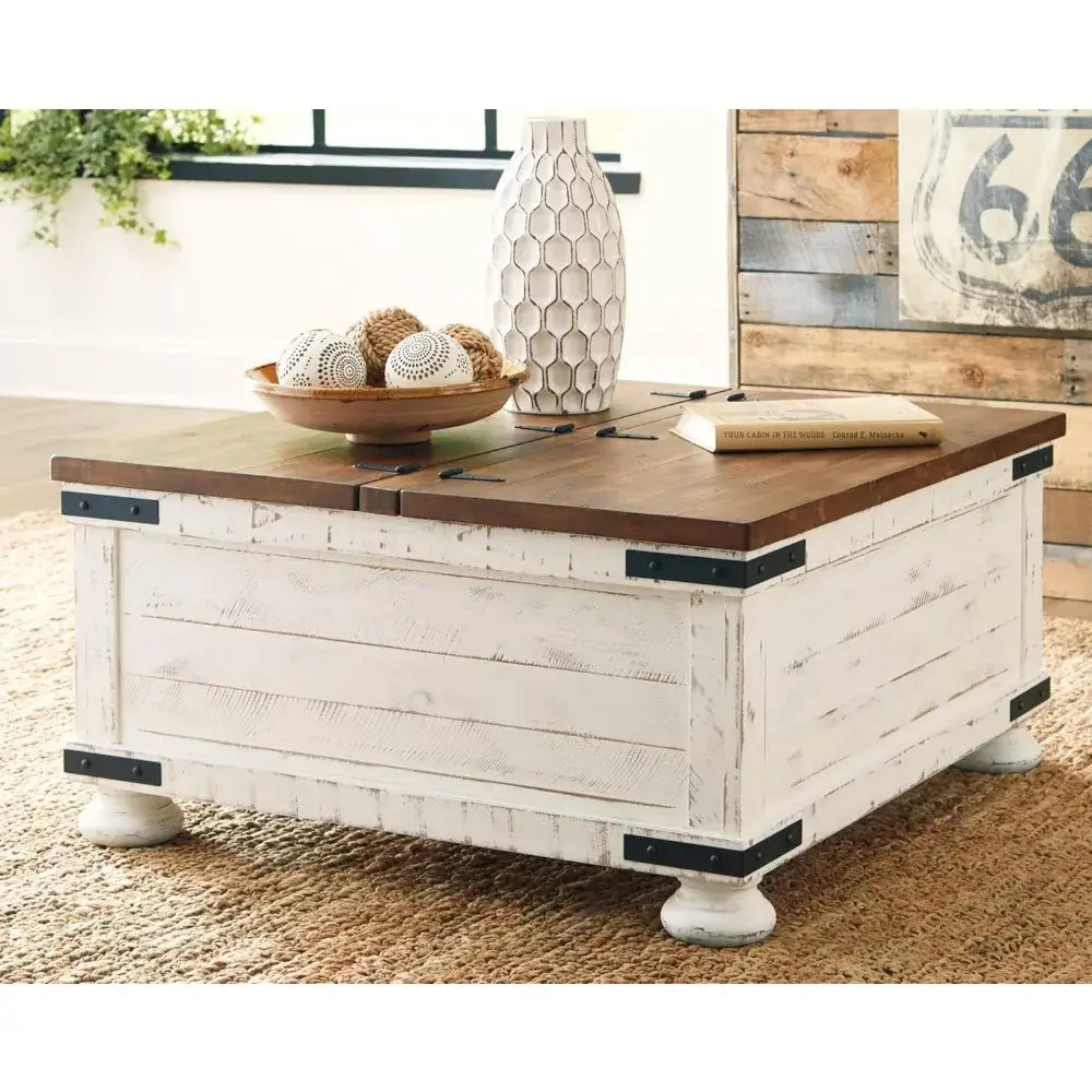 Square Coffee Table with Storage & Hinged Lift Top, White/Brown