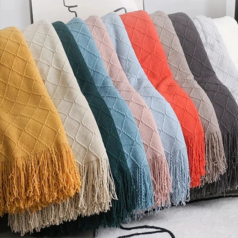 Nordic Knitted Shawl with Tassels - Sofa Throw Blanket