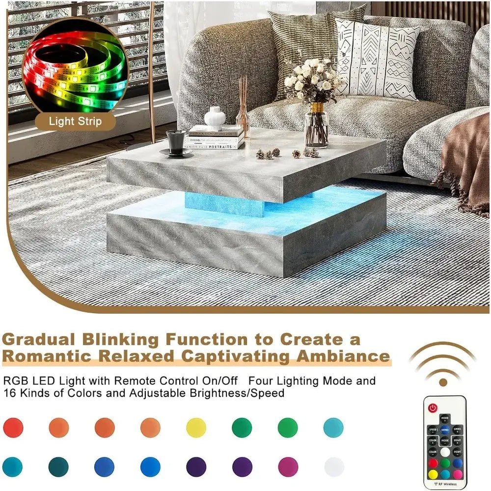 31" Wooden Square 2-Tier Coffee Table with 16-Color Plug-in LED Light