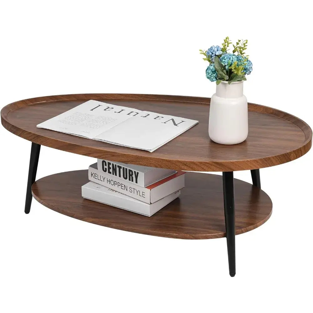 Mid Century Oval Coffee Table for Living Room, Rustic Brown