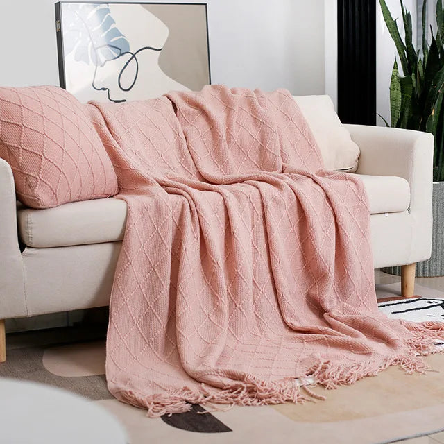 Nordic Knitted Shawl with Tassels - Sofa Throw Blanket