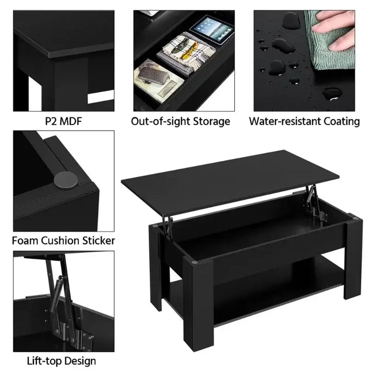 Modern 38.6" Rectangle Wooden Lift Top Coffee Table with Lower Shelf