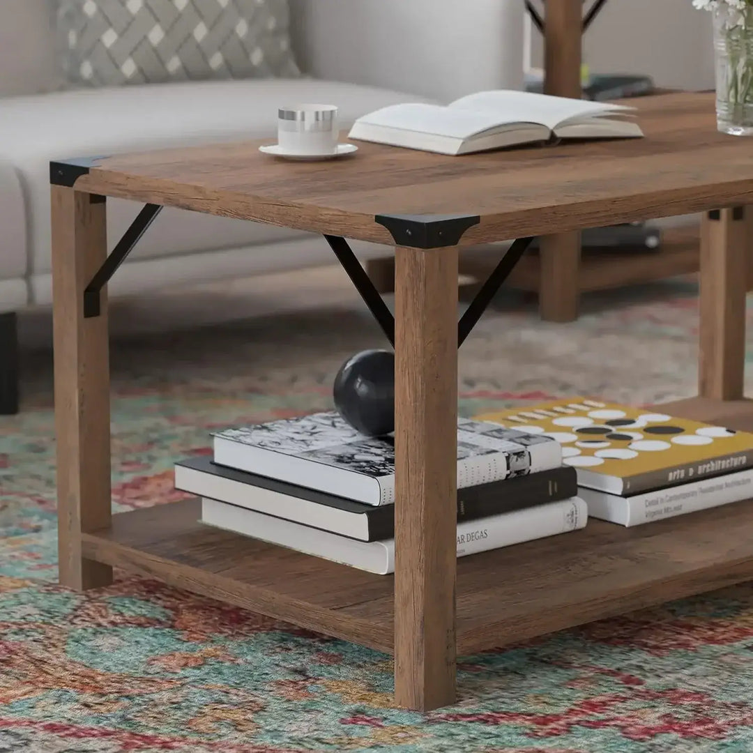 2-Tier Coffee Table with Rustic Oak Engineered Wood Frame