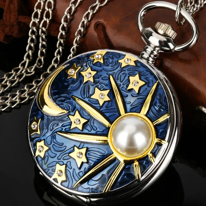 Silver Pocket Watch with Pearl Inlay - Star and Moon Design