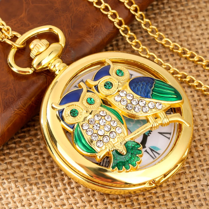 Luxury Diamond-Encrusted Owl Quartz Pocket Watch Necklace