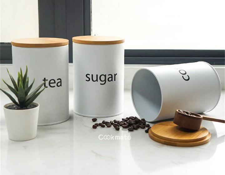 Set of 3 Round 22oz Tea, Sugar & Coffee Jars with Bamboo Lid