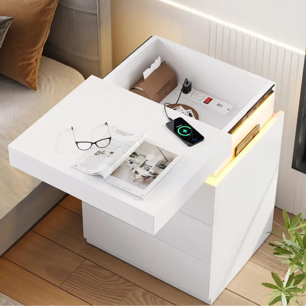 Set of 2 LED Nightstands w/ Charging Station and Sliding Top