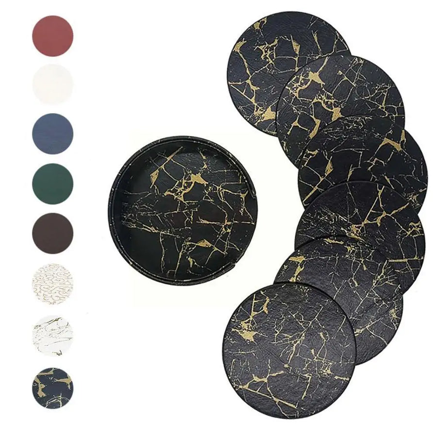 Elegant Marble Coasters Set - 6-Piece Leather Mats