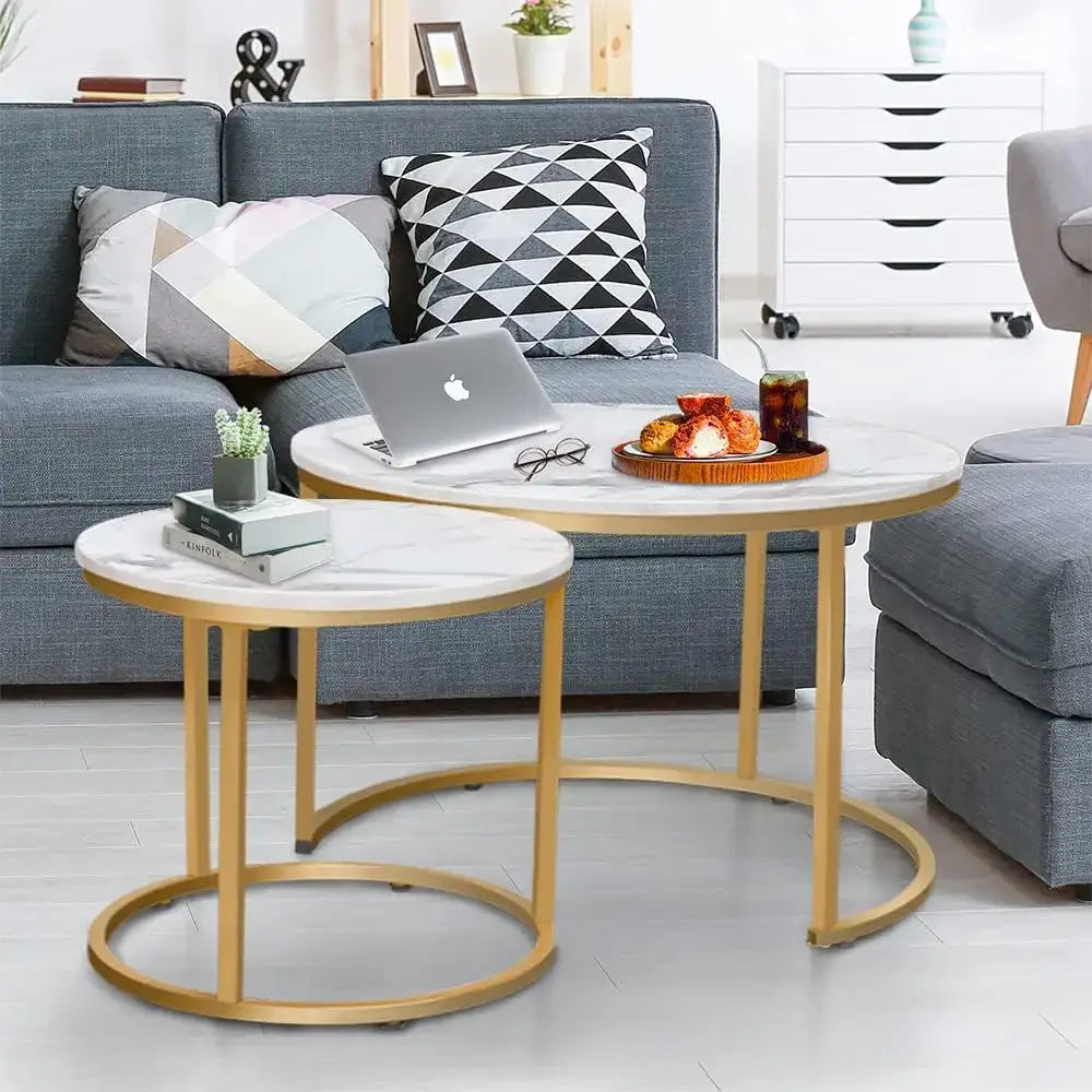 Coffee Table, Nesting White Set of 2 with Golden Frame