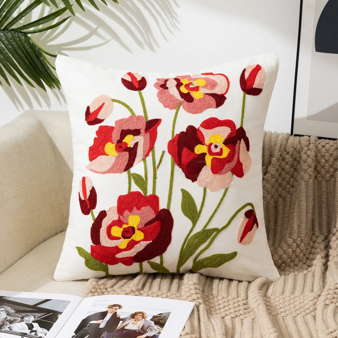 Floral Embroidered Throw Pillow Cover 18x18 in