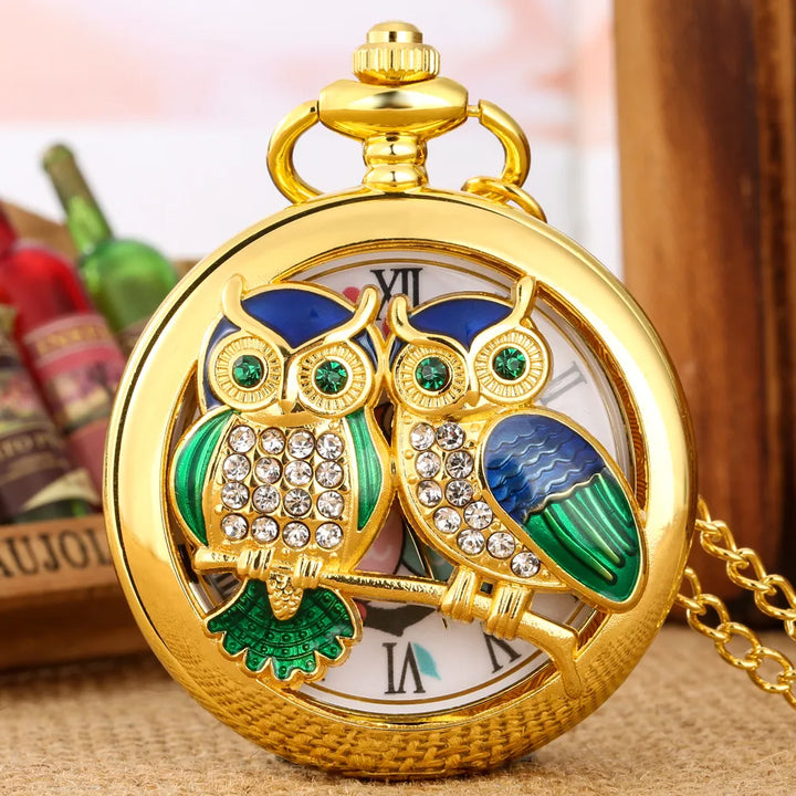 Luxury Diamond-Encrusted Owl Quartz Pocket Watch Necklace