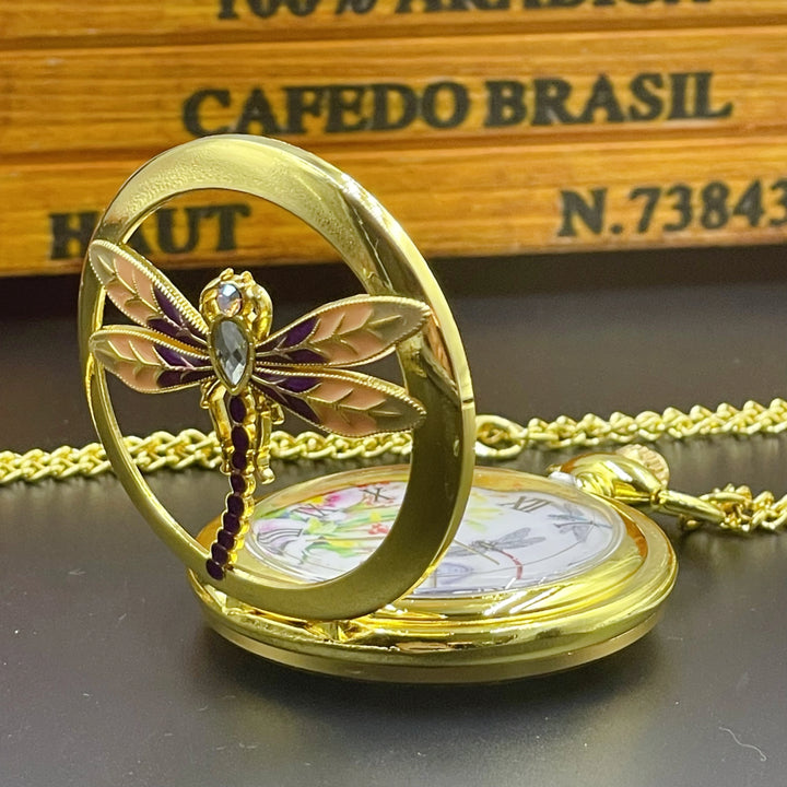 Elegant 3D Dragonfly Quartz Pocket Watch