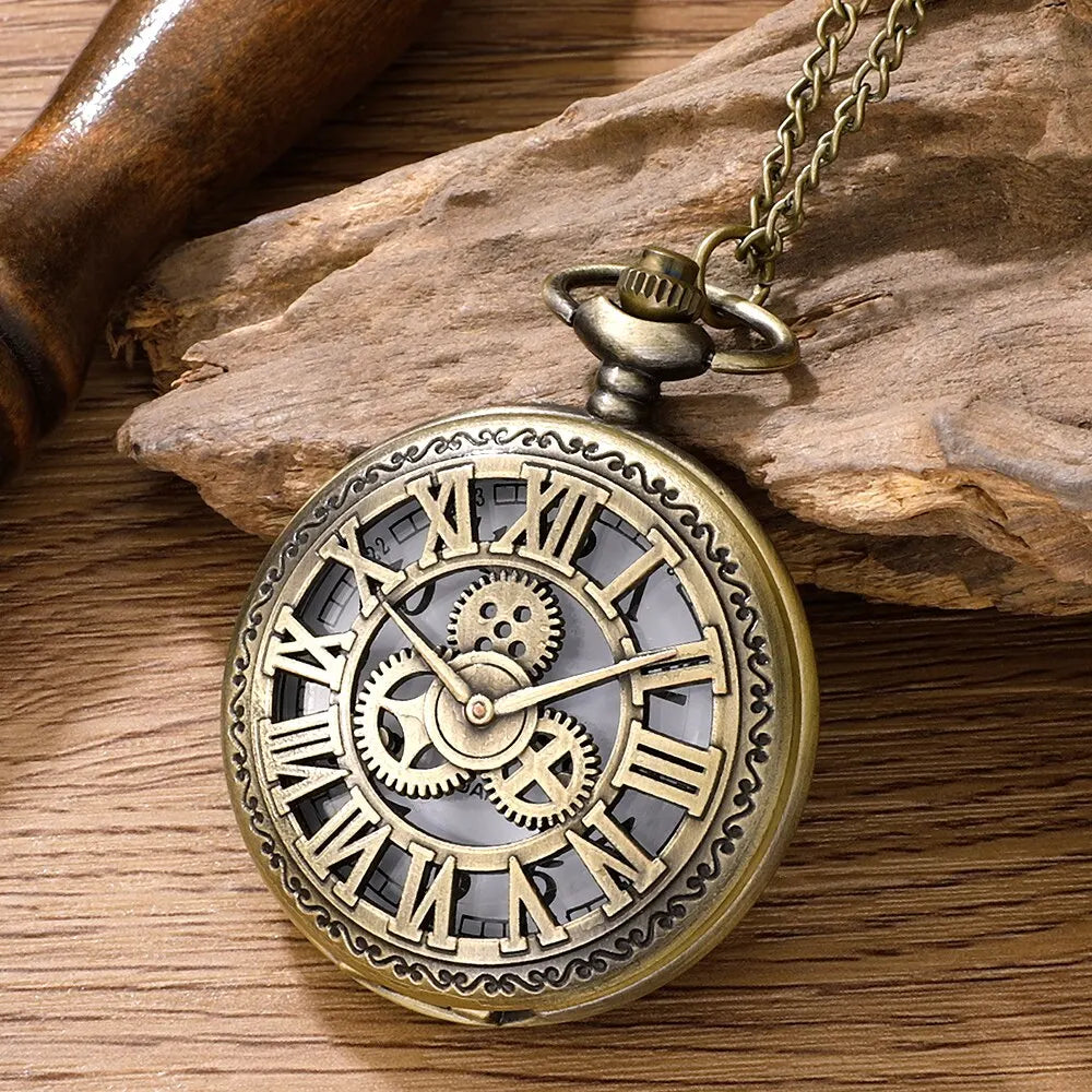 Antique Steampunk Quartz Pocket Watch - Vintage Bronze Case