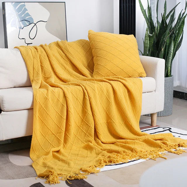 Nordic Knitted Shawl with Tassels - Sofa Throw Blanket