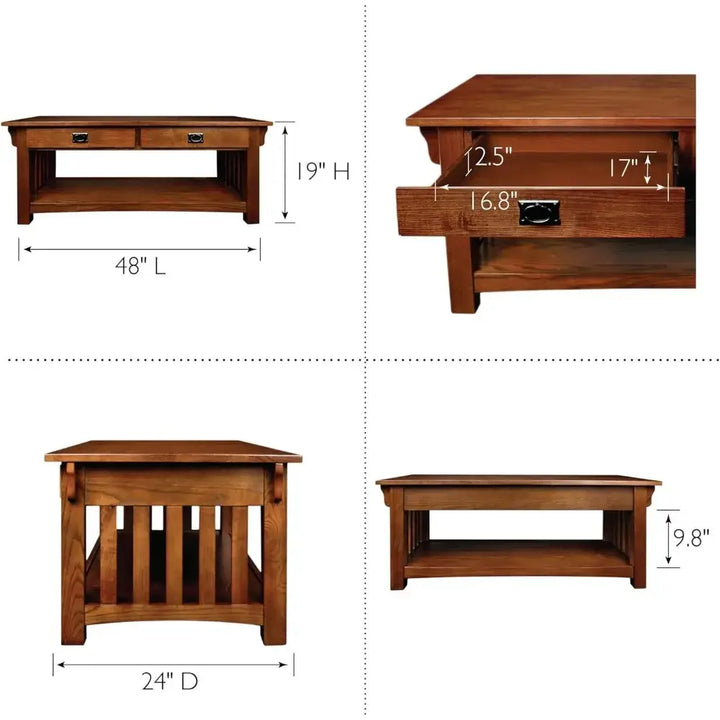 Living Room Coffee Table with Two Drawers and Shelf, Solid Wood, Medium Oak Finish