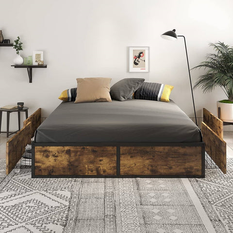 Queen Metal Wood Platform Bed Frame with 4 Storage Drawers - 800 lbs Max Weight