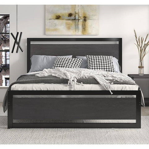 Full Black Metal Platform Bed Frame with Wood Panel Headboard and Footboard