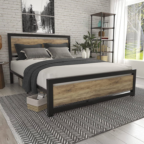 Full Metal Platform Bed Frame with Brown Wood Panel Headboard and Footboard