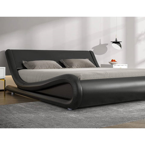 King Modern Black Faux Leather Upholstered Platform Bed Frame with Headboard