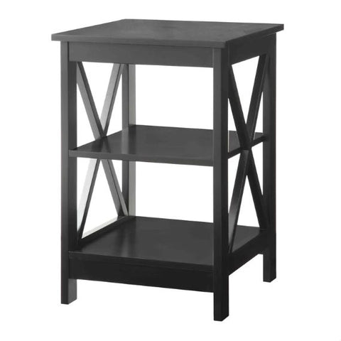 Black Wood X-Design End Table Nightstand with 3 Open Shelves