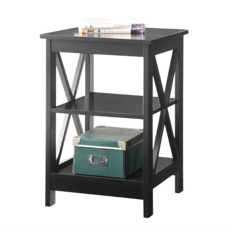 Black Wood X-Design End Table Nightstand with 3 Open Shelves