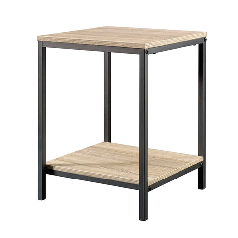 Modern Black Metal Frame End Table with Oak Finish Wood Top and Bottom Shelf