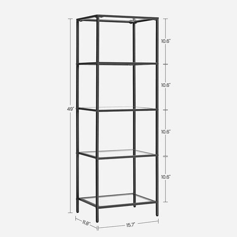 Black Metal Frame Glass Shelf Bookcase 4-Shelves Shelving Unit