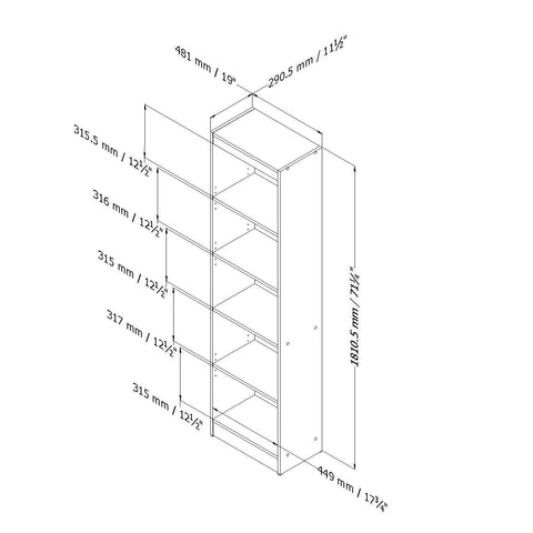 5-Shelf Narrow Bookcase Storage Shelves in White Wood Finish