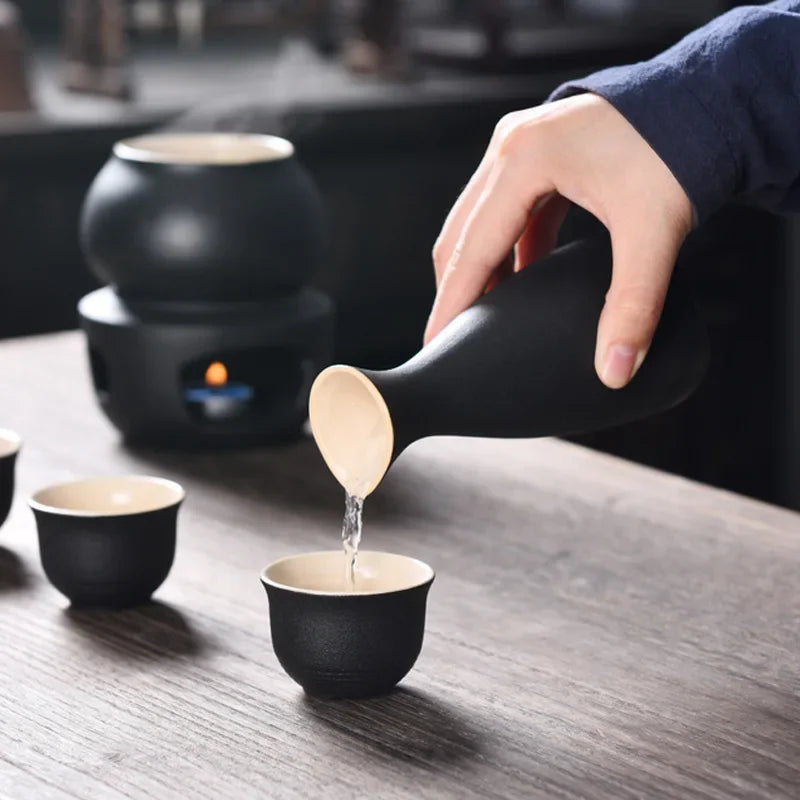 Sake Set with Warmer: 1 Sake Bottle, 4 Cups, Heating Stove