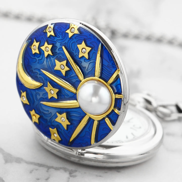 Blue Starry Sky Quartz Pocket Watch - Silver Moon and Sun