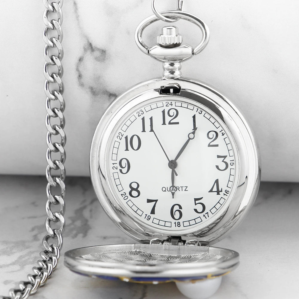 Blue Starry Sky Quartz Pocket Watch - Silver Moon and Sun